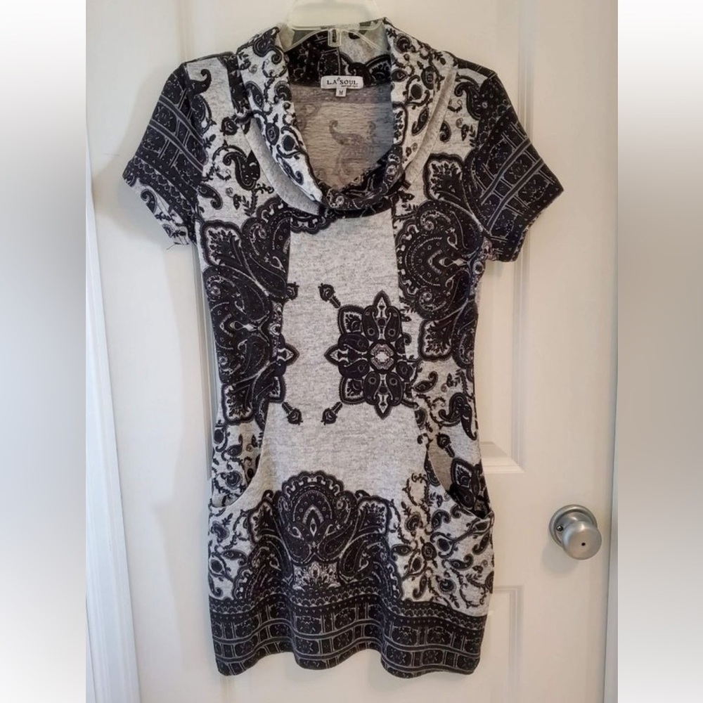 LA Soul Women's Black and Gray Paisley Cowl Neck Sweater Dress